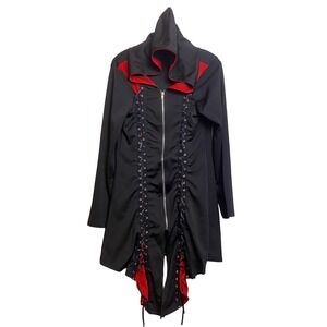 Hooded Cloak Womens Large Red Black Grommets Lace Up‎ Gothcore Gothic Shirtdress